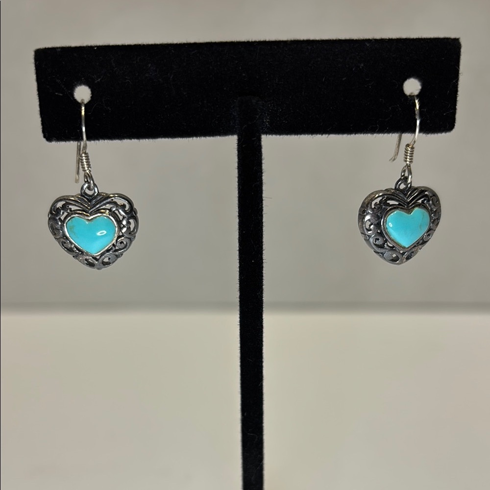 Sterling Silver Heart Earrings with Turquoise Accents Marked 925 Valentines Day